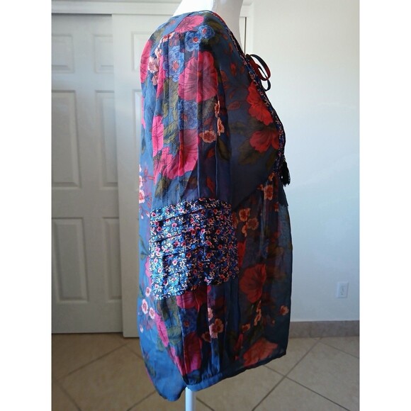 Daniel Rainn XS Boho Floral Tunic Blouse Tie Neck Long Sleeve - Picture 4 of 15